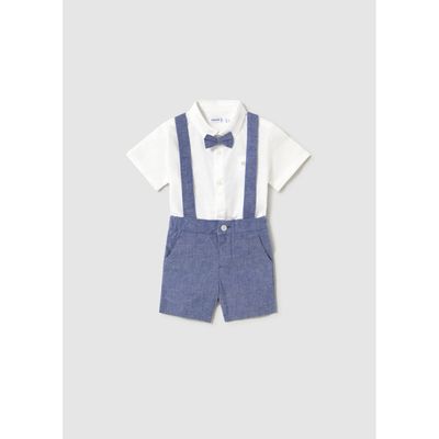 3PC WHITE & BLUE LINEN SHORT SET WITH SUSPENDERS & BOWTIE / 1226-064