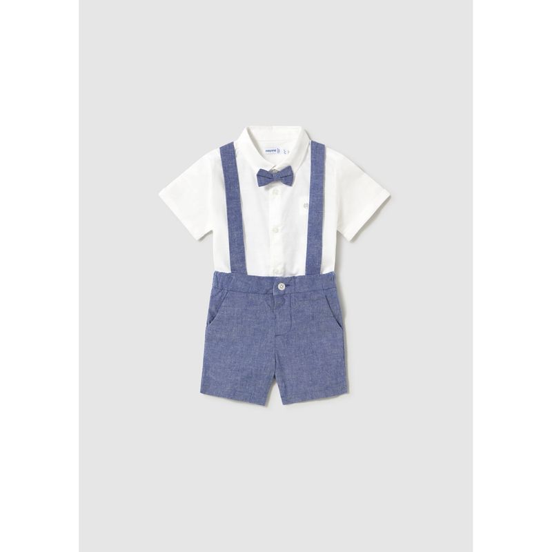 3PC WHITE & BLUE LINEN SHORT SET WITH SUSPENDERS & BOWTIE / 1226-064