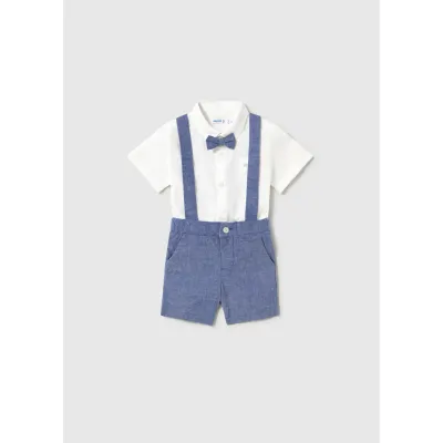 3PC WHITE & BLUE LINEN SHORT SET WITH SUSPENDERS & BOWTIE / 1226-064