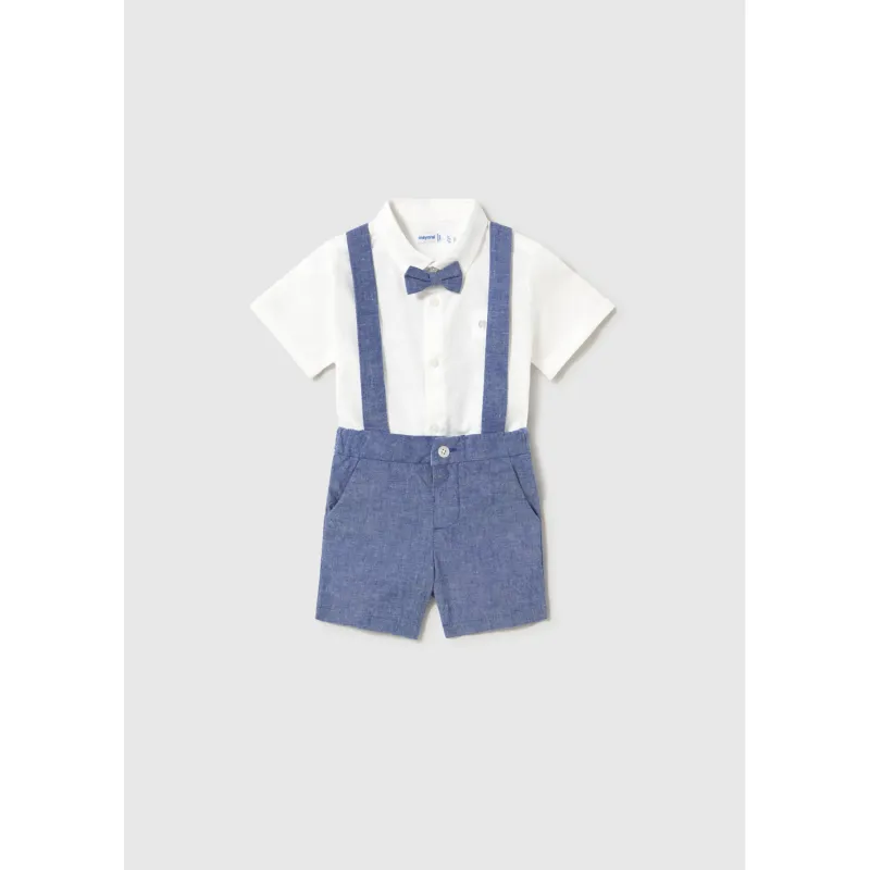 3PC WHITE & BLUE LINEN SHORT SET WITH SUSPENDERS & BOWTIE / 1226-064