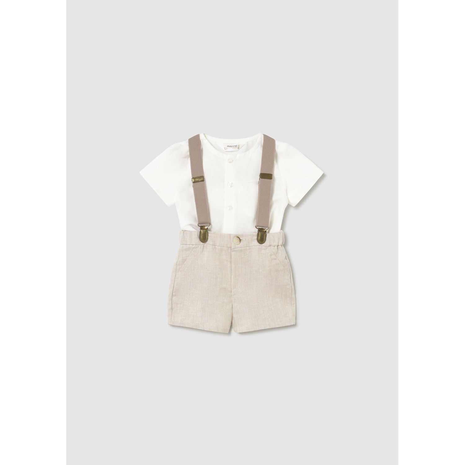 3PC OFF WHITE & BEIGE SHORT SET W/SUSPENDERS / 1278-041