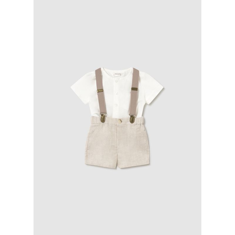 3PC OFF WHITE & BEIGE SHORT SET W/SUSPENDERS / 1278-041
