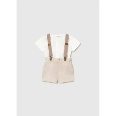 3PC OFF WHITE & BEIGE SHORT SET W/SUSPENDERS / 1278-041