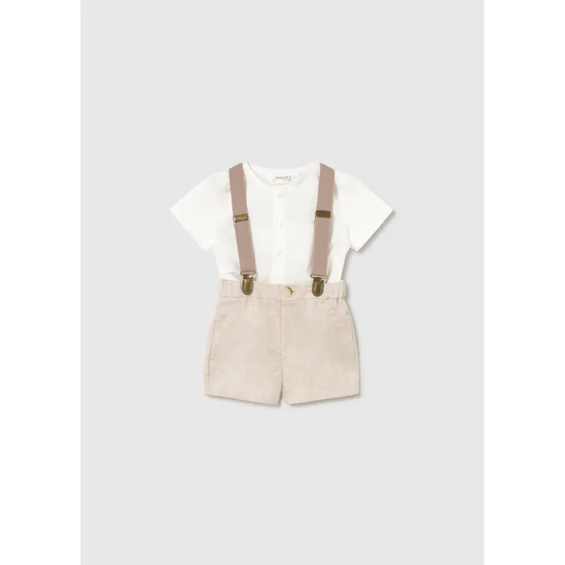3PC OFF WHITE & BEIGE SHORT SET W/SUSPENDERS / 1278-041