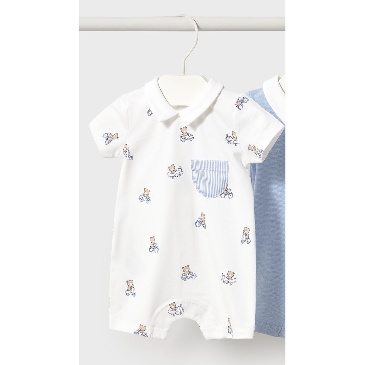 CREAM SHORT ROMPER BLUE STRIPE POCKET BEAR PRINTED PI / 1715-093A
