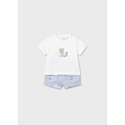2PC WHITE TSHIRT & BLUE PRINTED SHORTS SET BEAR / 1275-037