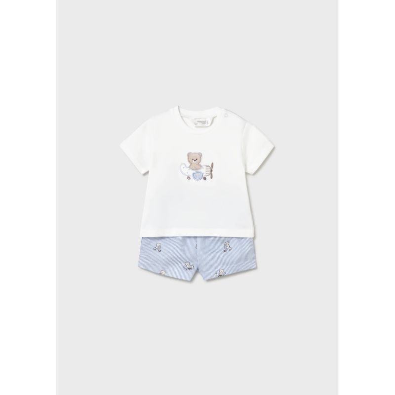 2PC WHITE TSHIRT & BLUE PRINTED SHORTS SET BEAR / 1275-037
