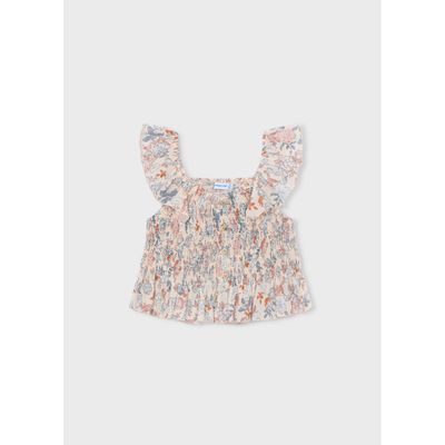 MCL CREAM BLUE PRINTED TOP SMOCKING RUFFLE STRAP / 3028-051