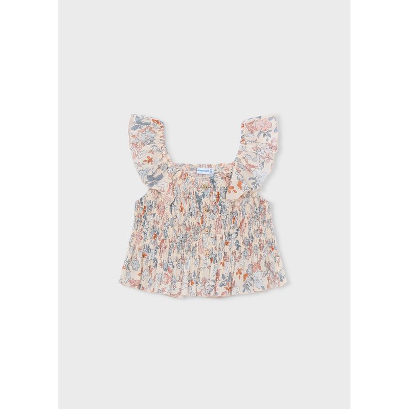 MCL CREAM BLUE PRINTED TOP SMOCKING RUFFLE STRAP / 3028-051