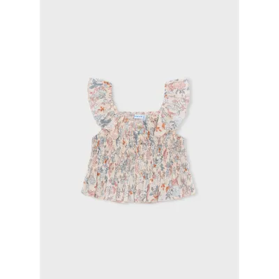 MCL CREAM BLUE PRINTED TOP SMOCKING RUFFLE STRAP / 3028-051 MCL CREAM BLUE PRINTED TOP SMOCKING RUFFLE STRAP / 3028-051