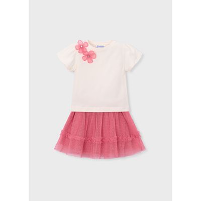 2PC CREAM & PINK TULLE SKIRT SET / 3946-082