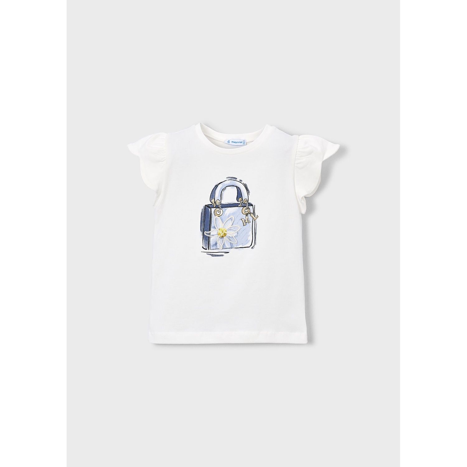 CREAM TSHIRT PURSE PRINT FLOWER APPLIQUE CAP SLEEVE / 3002-053