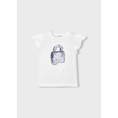 CREAM TSHIRT PURSE PRINT FLOWER APPLIQUE CAP SLEEVE / 3002-053