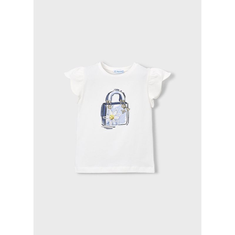 CREAM TSHIRT PURSE PRINT FLOWER APPLIQUE CAP SLEEVE / 3002-053
