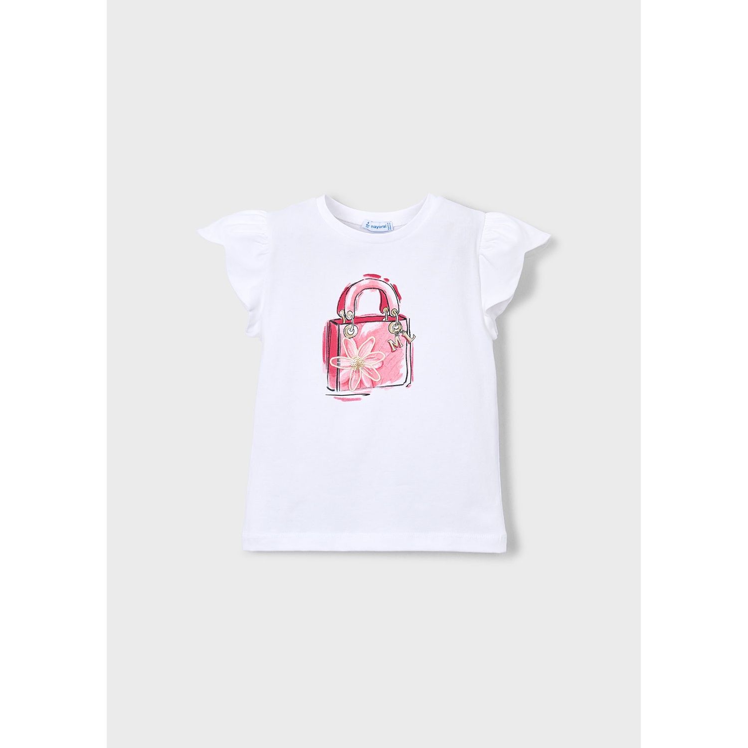 WHITE TSHIRT PINK PURSE FLOWER APPLIQUE CAP SLEEVE / 3002-054