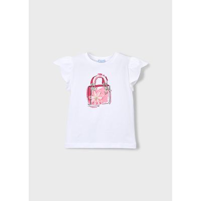 WHITE TSHIRT PINK PURSE FLOWER APPLIQUE CAP SLEEVE / 3002-054