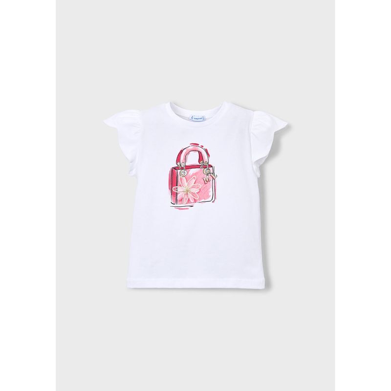 WHITE TSHIRT PINK PURSE FLOWER APPLIQUE CAP SLEEVE / 3002-054