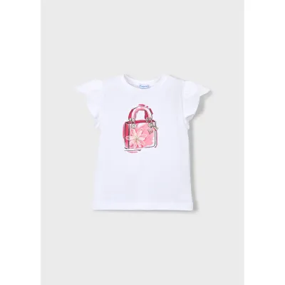 WHITE TSHIRT PINK PURSE FLOWER APPLIQUE CAP SLEEVE / 3002-054