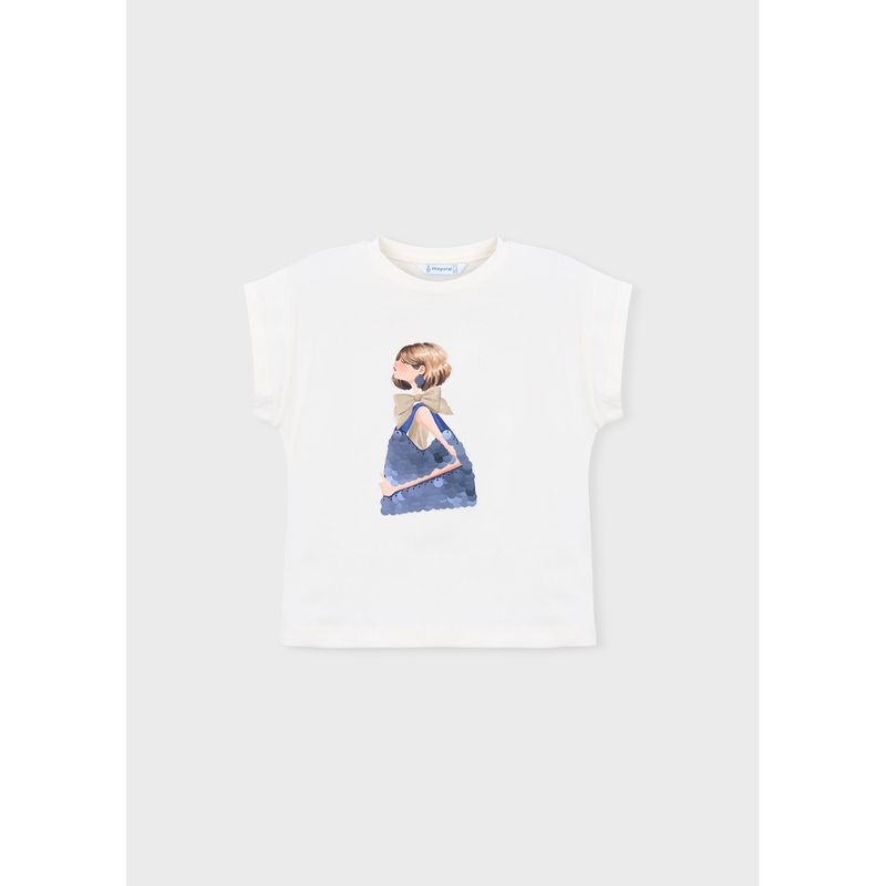 CREAM TSHIRT NVY SEQUIN GIRL PRINT SLEEVELESS / 3005-076