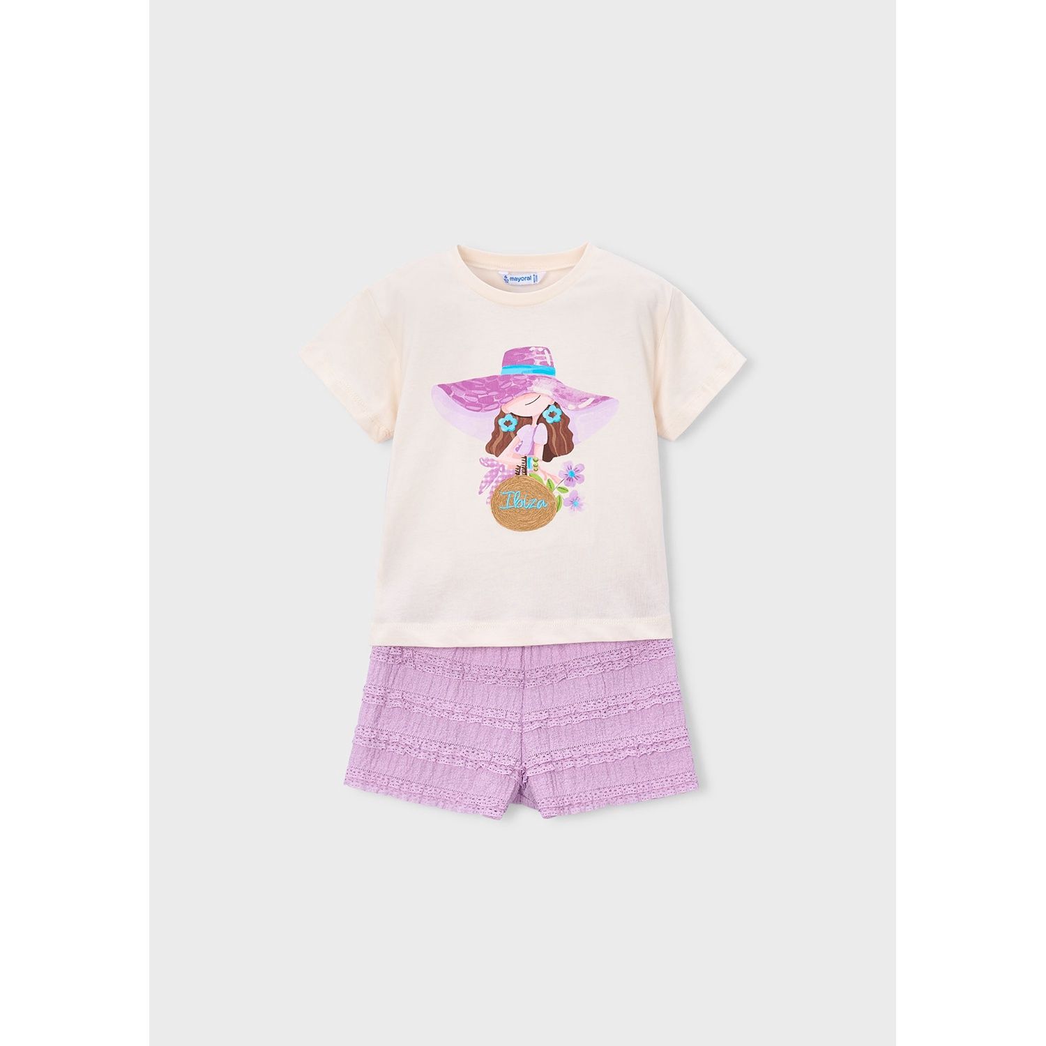 2PC LILAC & CREAM SHORT SET GIRL PRINT / 3231-076