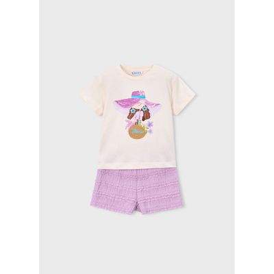 2PC LILAC & CREAM SHORT SET GIRL PRINT / 3231-076