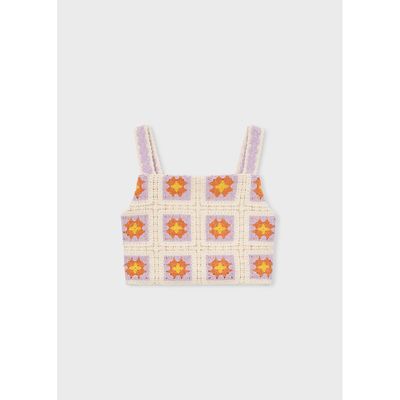CREAM CROCHET CROP TOP LILAC & ORANGE PATTERN / 3029-067