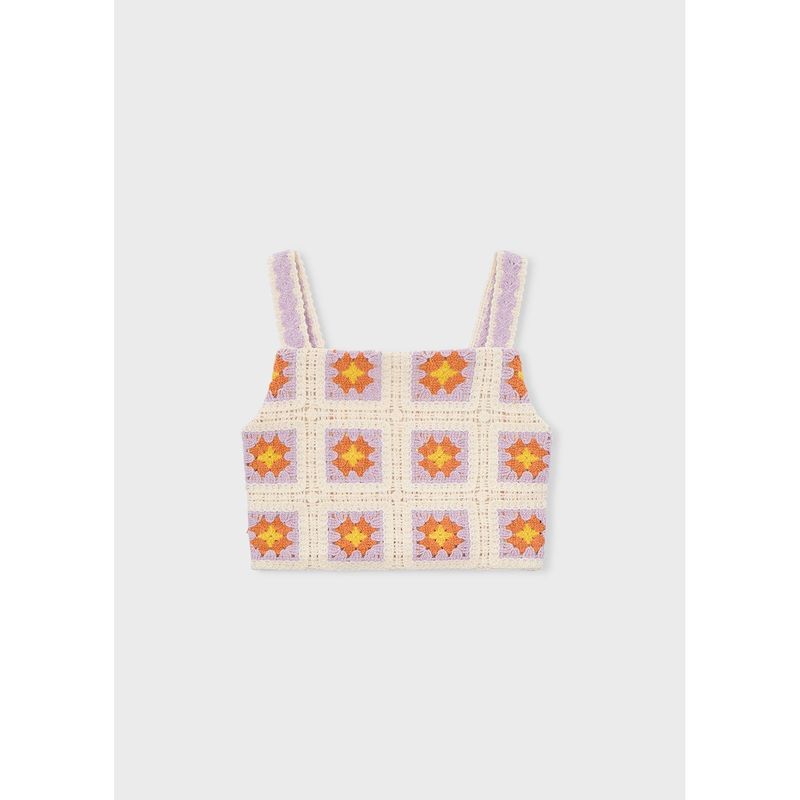 CREAM CROCHET CROP TOP LILAC & ORANGE PATTERN / 3029-067