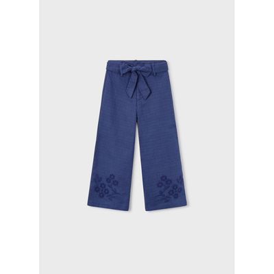 BLUE LINEN PANT EMBROIDERED & CUTOUT LEG TRIM / 3585-016
