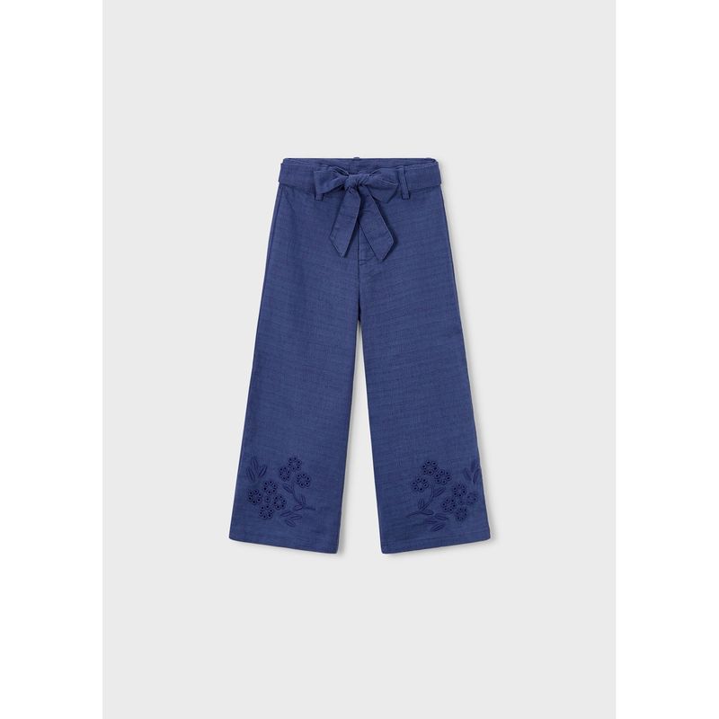 BLUE LINEN PANT EMBROIDERED & CUTOUT LEG TRIM / 3585-016