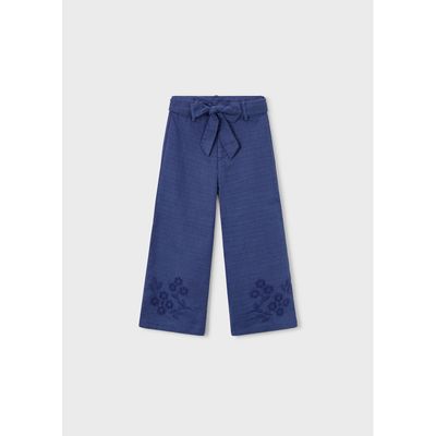 BLUE LINEN PANT EMBROIDERED & CUTOUT LEG TRIM / 3585-016