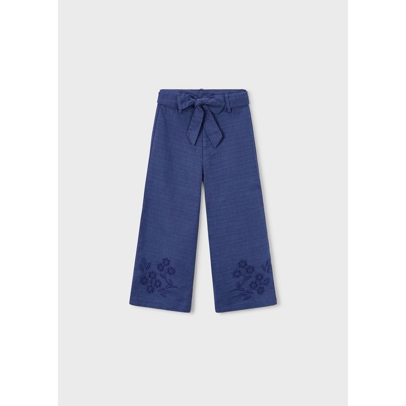 BLUE LINEN PANT EMBROIDERED & CUTOUT LEG TRIM / 3585-016