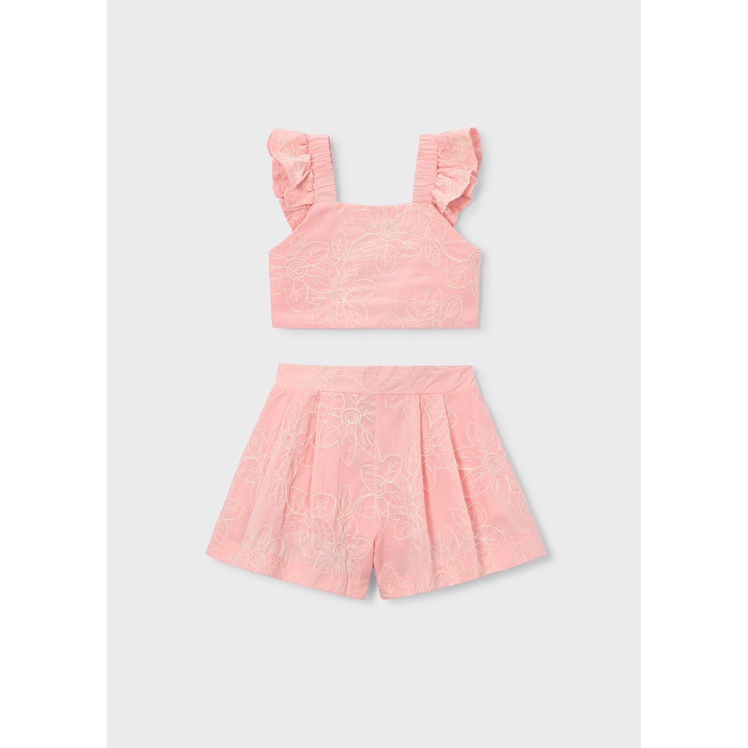 2PC ROSE CROP TOP & SHORTS CREAM EMBROIDERED FLOWERS / 3235-090