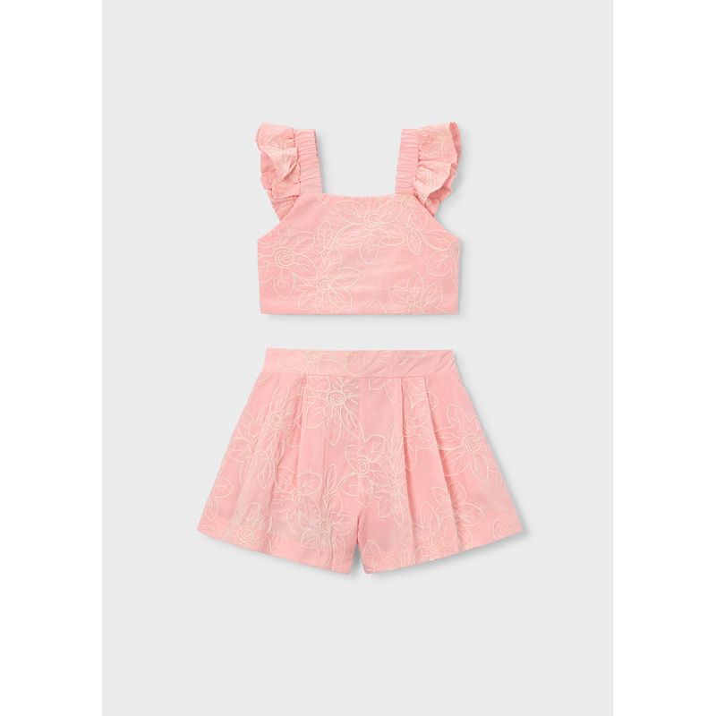 2PC ROSE CROP TOP & SHORTS CREAM EMBROIDERED FLOWERS / 3235-090