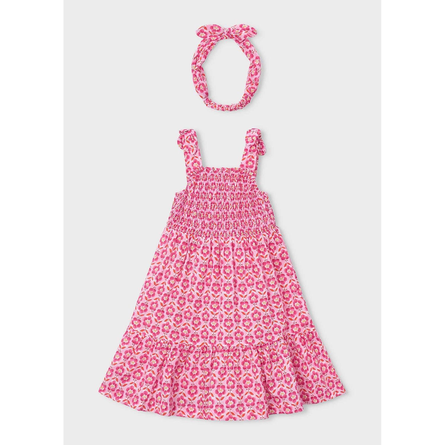 2PC SUNDRESS & HAT PINK & RED FLOWERS PRINT SMOCKING BODICE / 3942-055