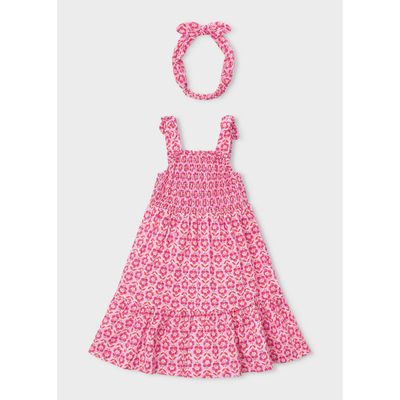 2PC SUNDRESS & HAT PINK & RED FLOWERS PRINT SMOCKING BODICE / 3942-055