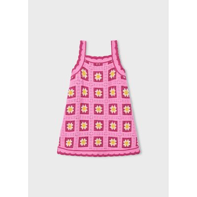 CANDY PINK CROCHET DRESS PLUM /CREAM SQUARES / 3935-068