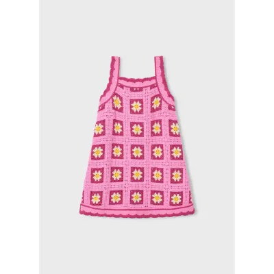 CANDY PINK CROCHET DRESS PLUM /CREAM SQUARES / 3935-068