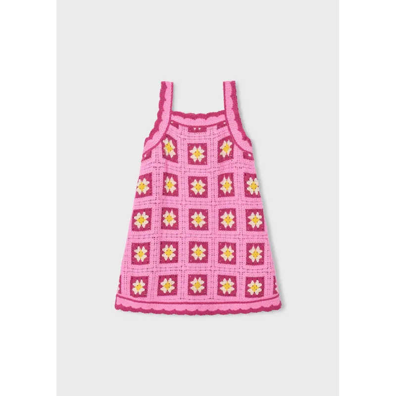 CANDY PINK CROCHET DRESS PLUM /CREAM SQUARES / 3935-068 CANDY PINK CROCHET DRESS PLUM /CREAM SQUARES / 3935-068