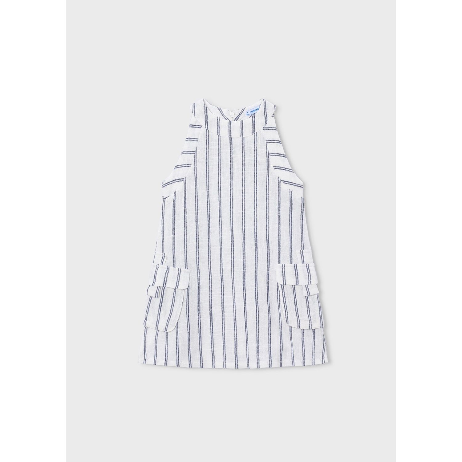CREAM & NAVY STRIPED DRESS LINEN LIKE 2POCKETS / 3929-025