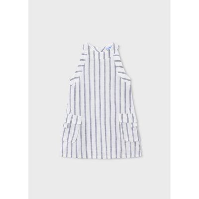 CREAM & NAVY STRIPED DRESS LINEN LIKE 2POCKETS / 3929-025