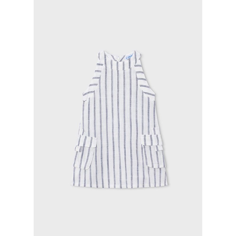 CREAM & NAVY STRIPED DRESS LINEN LIKE 2POCKETS / 3929-025