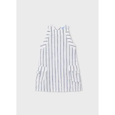 CREAM & NAVY STRIPED DRESS LINEN LIKE 2POCKETS / 3929-025