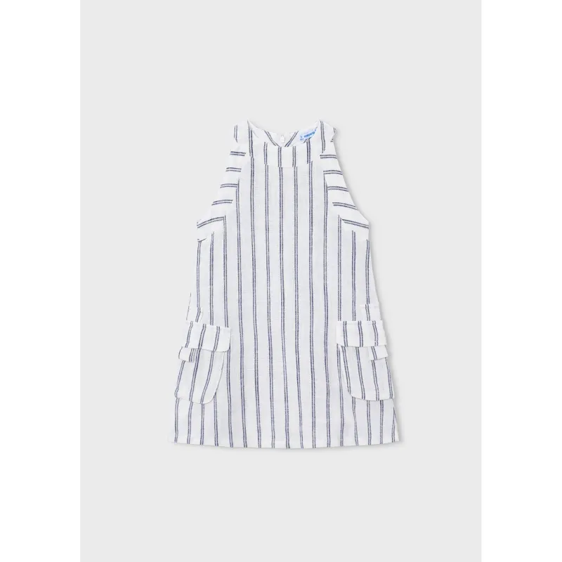 CREAM & NAVY STRIPED DRESS LINEN LIKE 2POCKETS / 3929-025 CREAM & NAVY STRIPED DRESS LINEN LIKE 2POCKETS / 3929-025