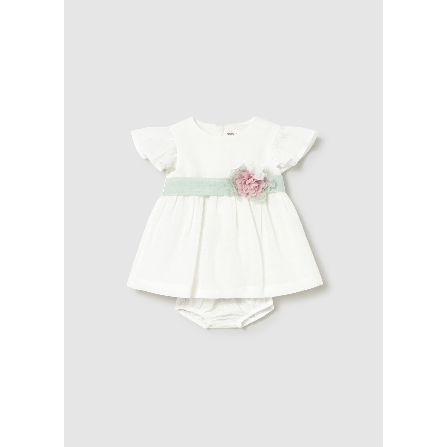 2PC CREAM LINEN DRESS GRN BELT PNK FLOWER TRIM / 1886-048