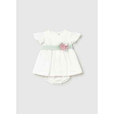2PC CREAM LINEN DRESS GRN BELT PNK FLOWER TRIM / 1886-048