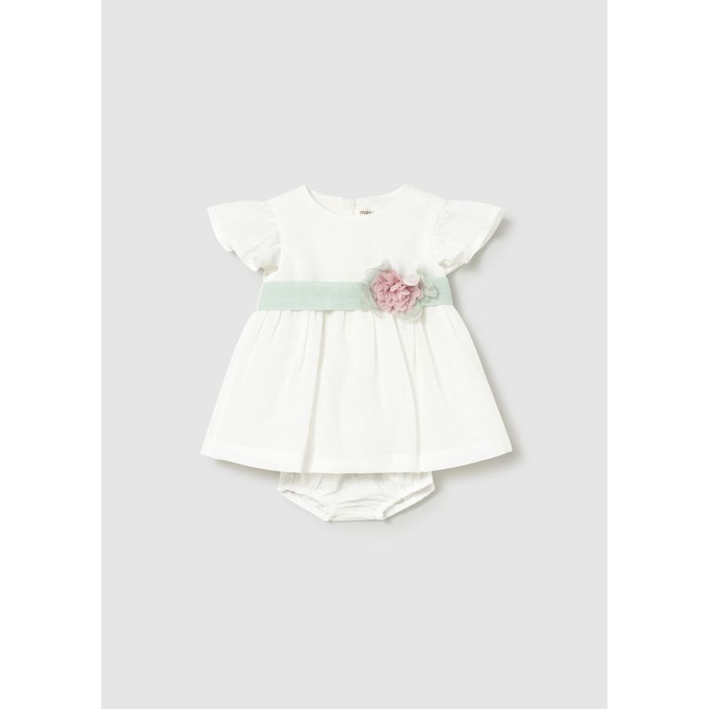2PC CREAM LINEN DRESS GRN BELT PNK FLOWER TRIM / 1886-048