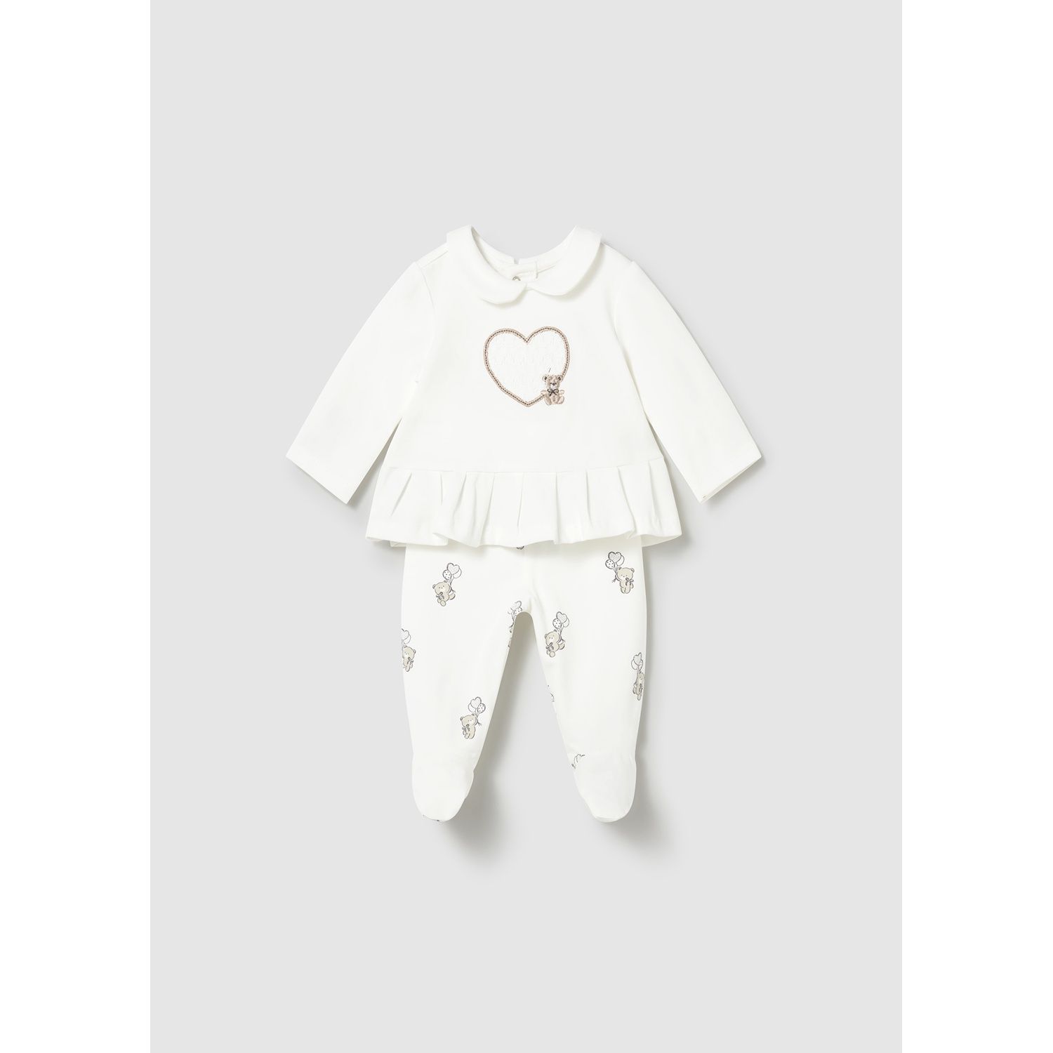 2PC CREAM LEG WARMER SET HEART APPLIQUE BEAR PRINT 9-18M NO FEET / 1592-088