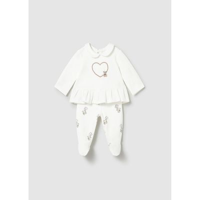 2PC CREAM LEG WARMER SET HEART APPLIQUE BEAR PRINT 9-18M NO FEET / 1592-088