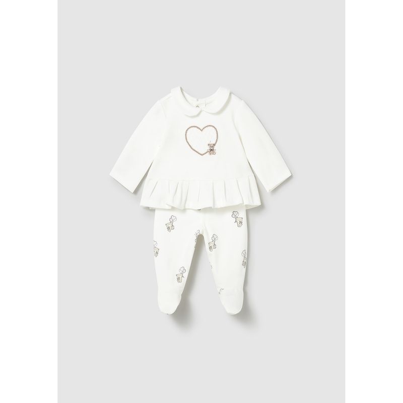 2PC CREAM LEG WARMER SET HEART APPLIQUE BEAR PRINT 9-18M NO FEET / 1592-088