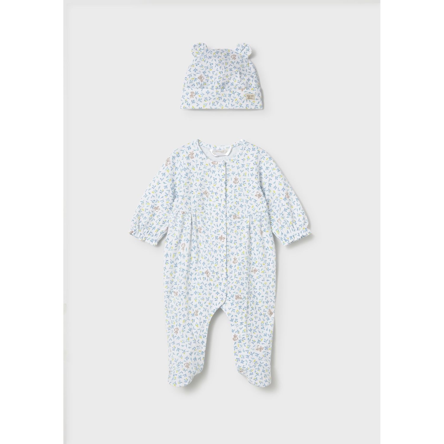 2PC CREAM BLUE PRINTED SLEEPER & HAT FRONT CLOSURE / 1706-085